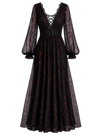 [Prévente] Robe noire en dentelle à décolleté V plongeant et manches lanternes années 1930