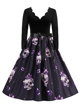 Robe évasée violette à imprimé crânes en cristal col pétale années 1950