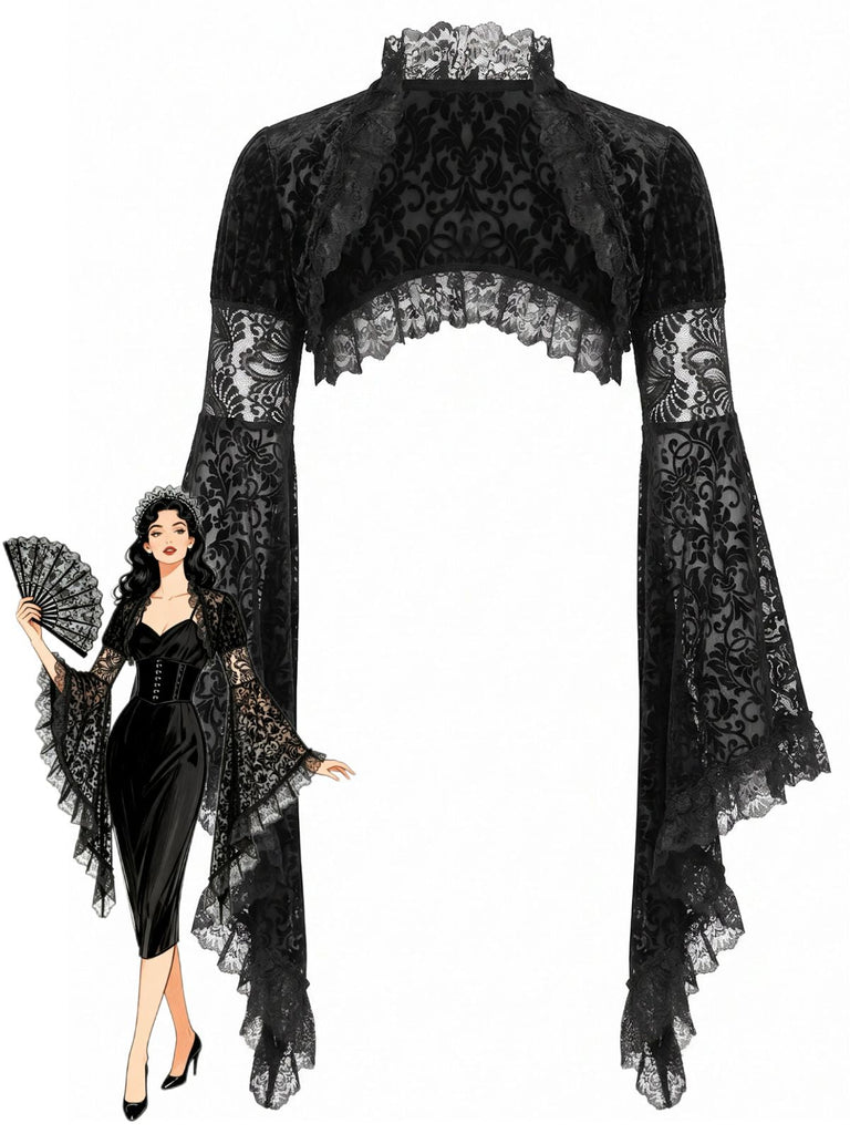 Cape gothique noire en dentelle à manches cloche années 1970