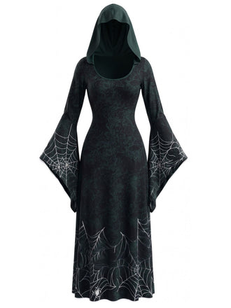 Robe de cosplay de sorcière à capuche et toile d’araignée pour Halloween années 1930