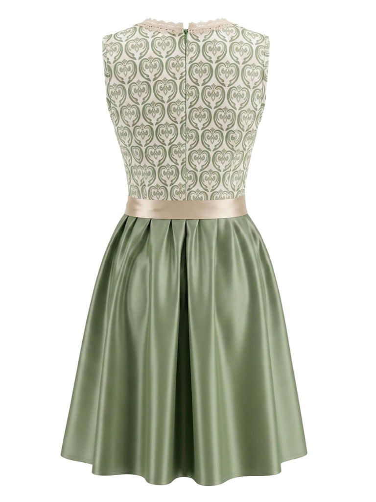 Ensemble vert clair avec robe à col carré, tablier en dentelle florale et top blanc Années 1950