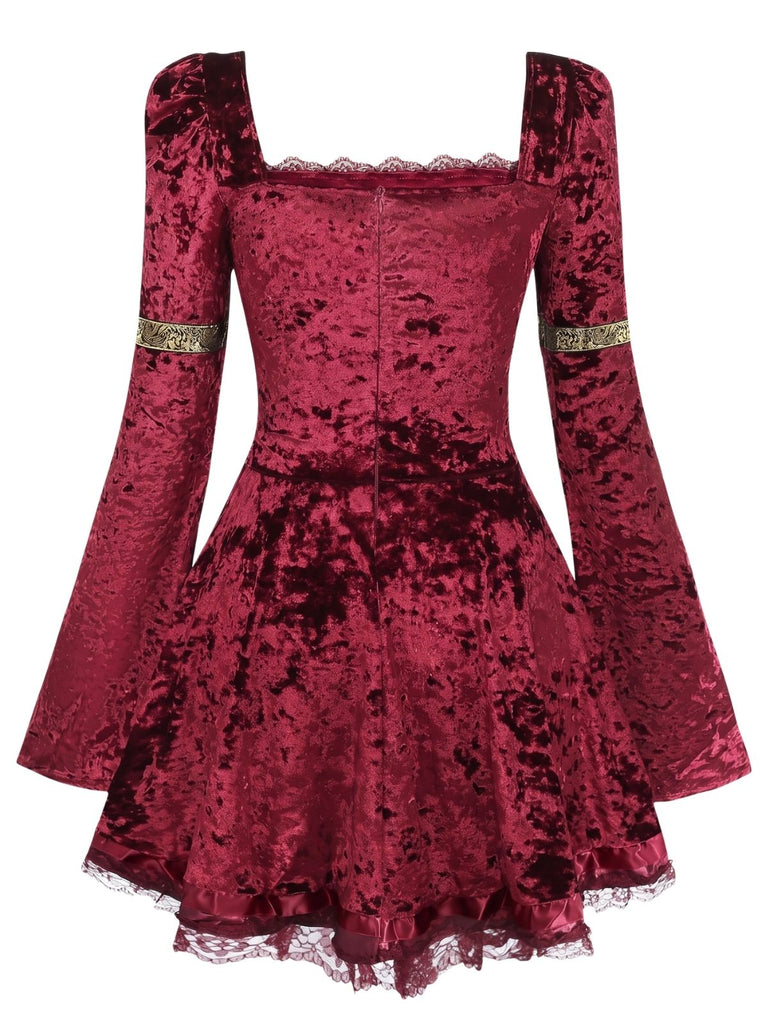 Mini-robe en velours à laçage et manches cloche années 1970