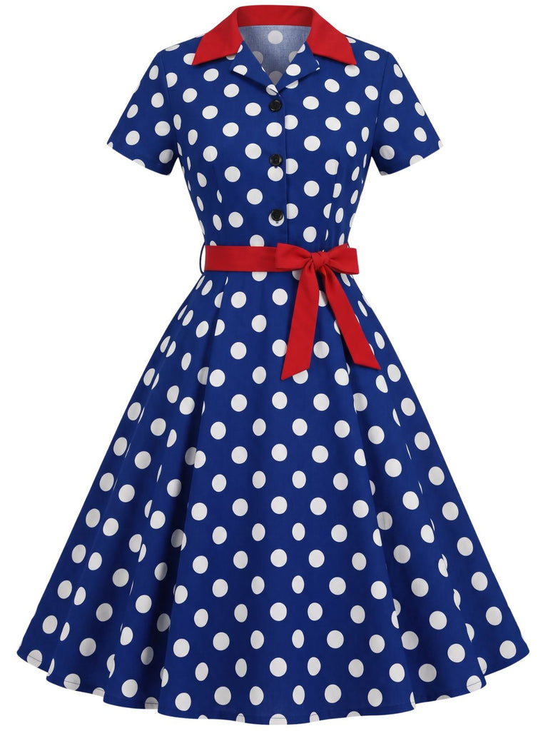 Robe chemise à revers, pois et ceinture années 1940
