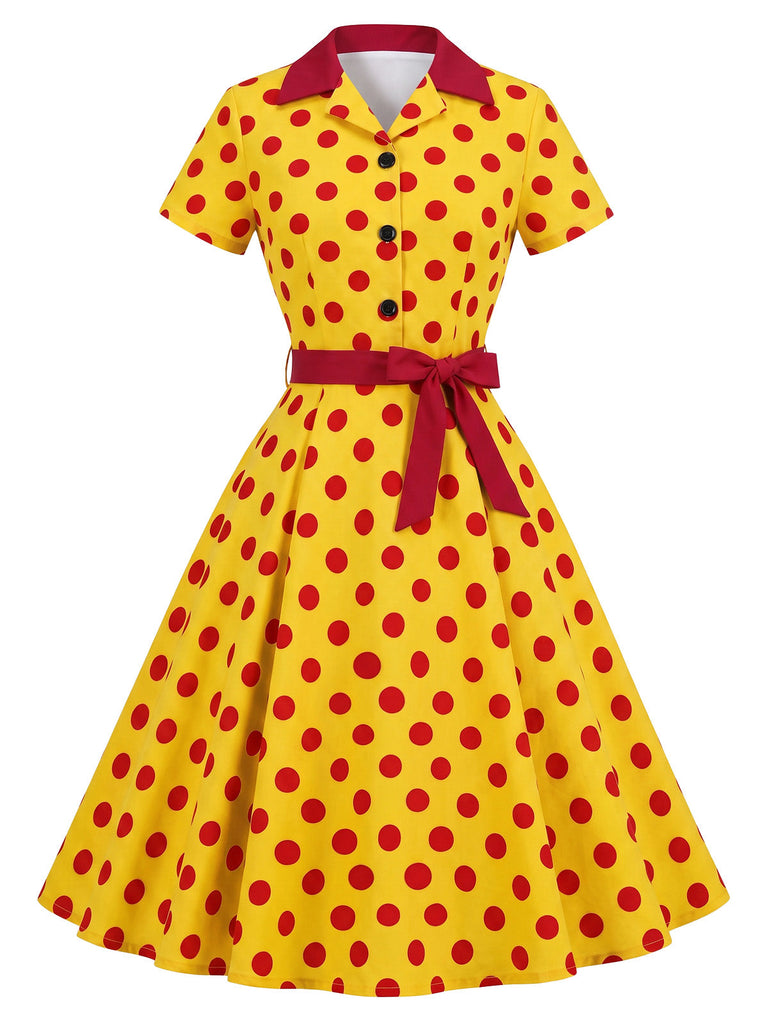 Robe chemise à revers, pois et ceinture années 1940