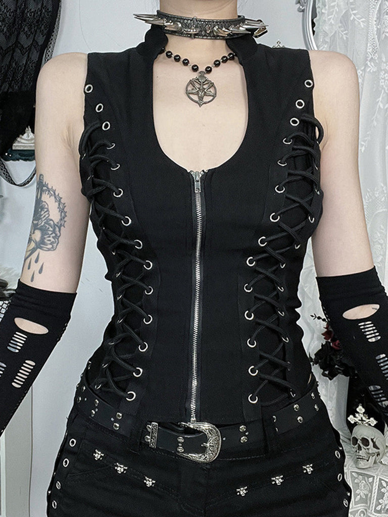 Gilet corset gothique noir à col montant et laçage latéral années 1970