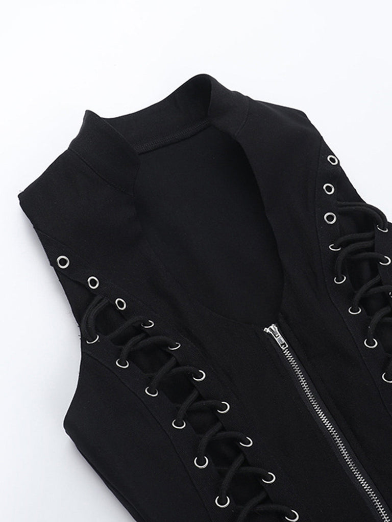 Gilet corset gothique noir à col montant et laçage latéral années 1970