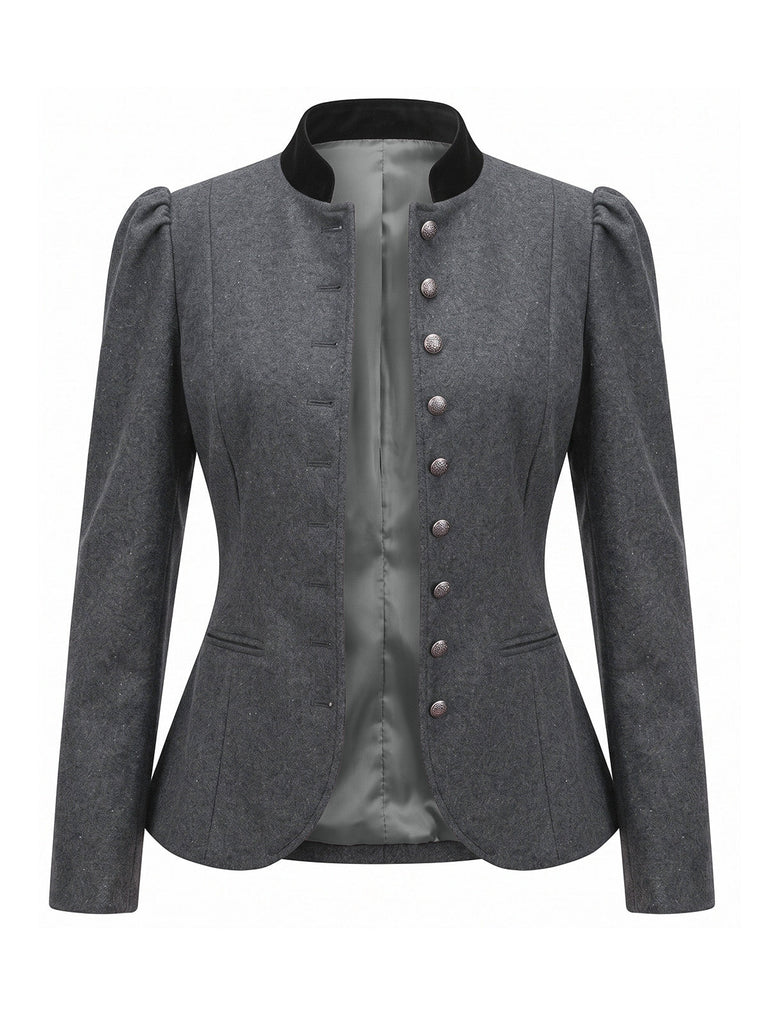 Veste ajustée gris foncé à col montant et boutons années 1950