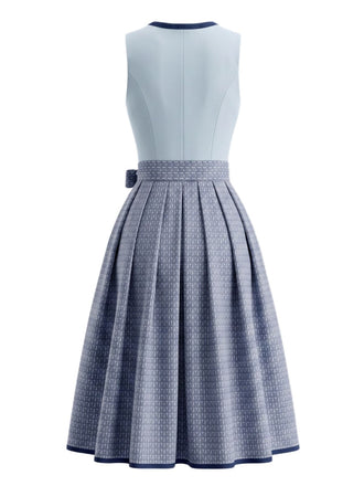Robe bleue florale à col carré avec tablier Années 1950