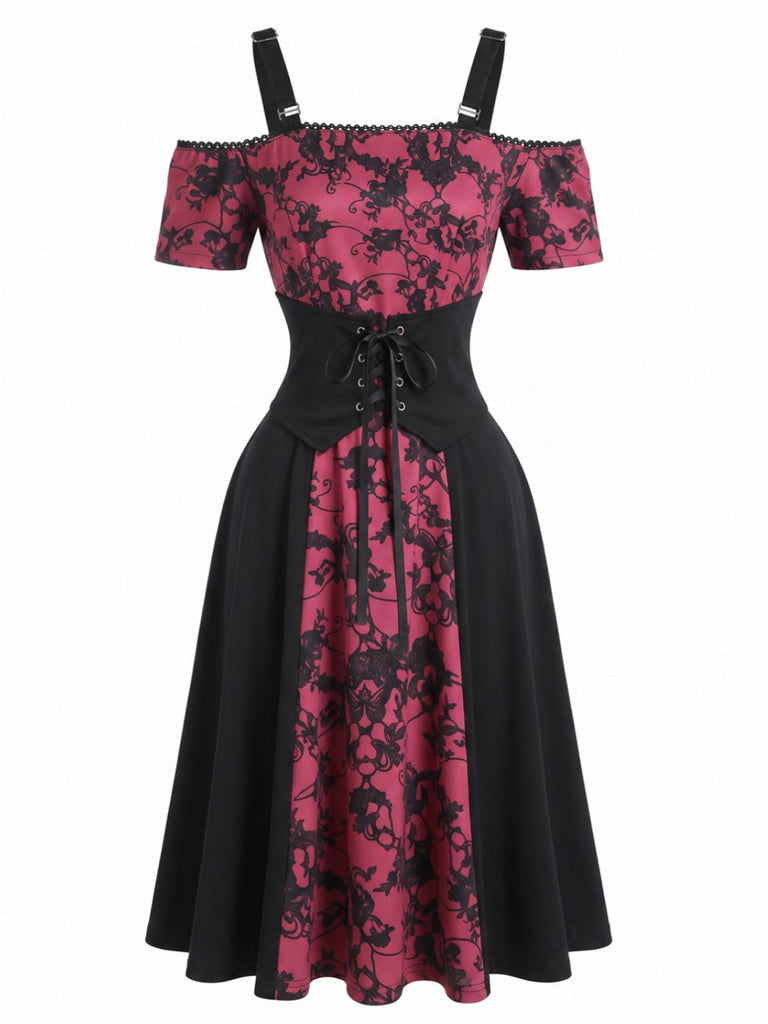 Robe gothique rose-violet à fleurs et corset pour Halloween années 1950