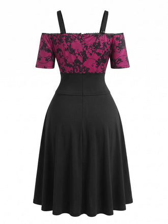 Robe gothique rose-violet à fleurs et corset pour Halloween années 1950