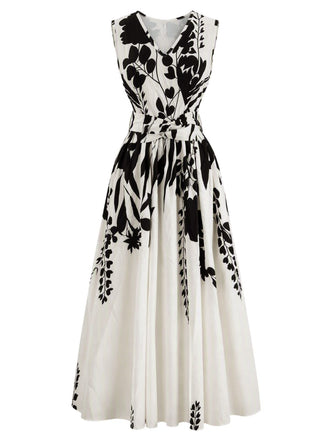 Robe midi beige sans manches col V et motif floral années 1940
