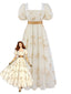 Robe longue à fleurs nœud et manches bouffantes années 1970
