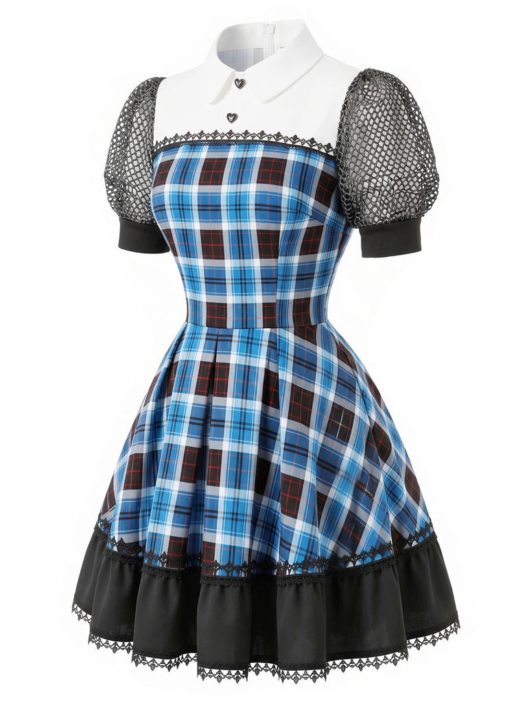 [Prévente] Robe courte à carreaux, col Claudine et manches bouffantes années 1950