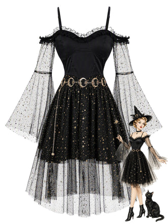 [Prévente] Robe noire en tulle céleste à épaules dénudées et manches cloche années 1950