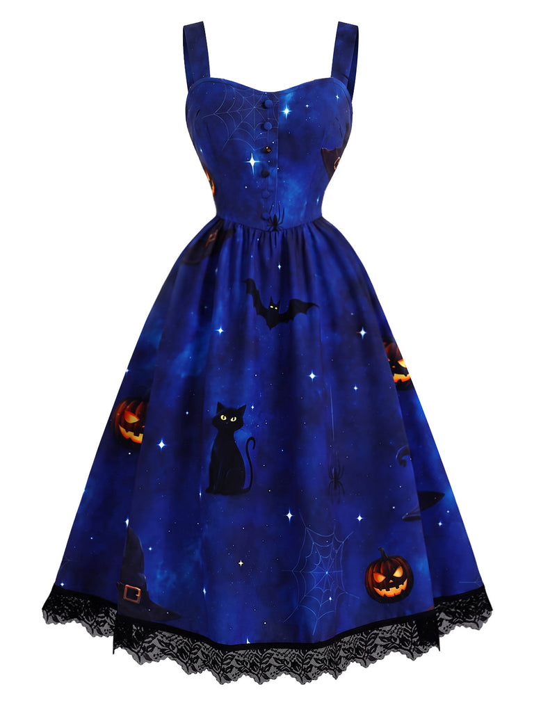 [Prévente] Robe chasuble d’Halloween à imprimé chats et citrouilles et ourlet dentelle années 1940