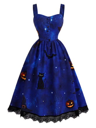 [Prévente] Robe chasuble d’Halloween à imprimé chats et citrouilles et ourlet dentelle années 1940