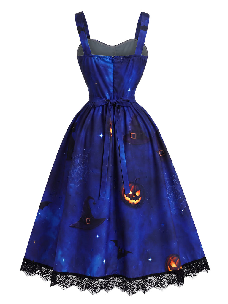 [Prévente] Robe chasuble d’Halloween à imprimé chats et citrouilles et ourlet dentelle années 1940