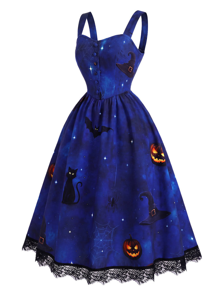 [Prévente] Robe chasuble d’Halloween à imprimé chats et citrouilles et ourlet dentelle années 1940