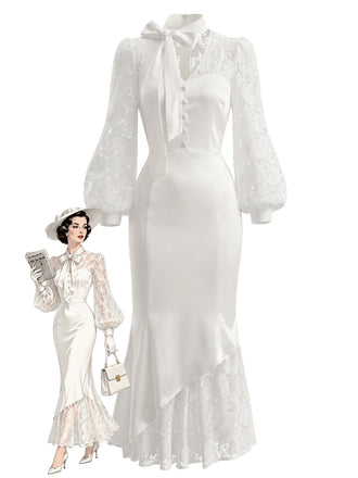[Prévente] Robe sirène blanche en satin à nœud, dentelle et manches bouffantes années 1930