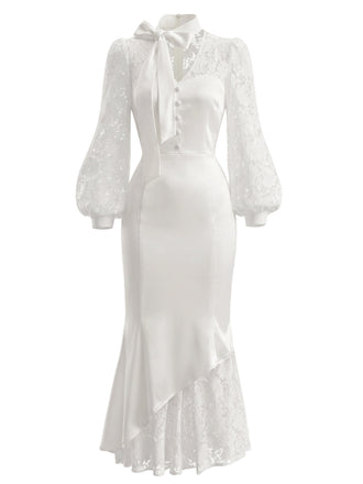 [Prévente] Robe sirène blanche en satin à nœud, dentelle et manches bouffantes années 1930