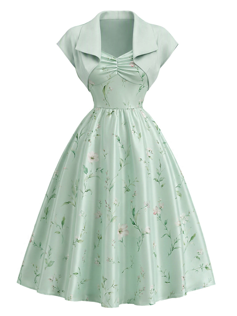 [Prévente] Ensemble 2PCS robe satinée à fleurs et col cœur avec veste boléro années 1940