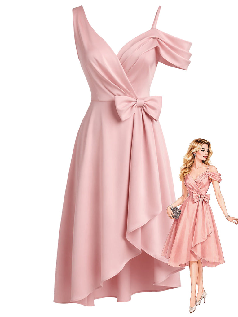[Prévente] Robe de cocktail rose asymétrique à nœud et coupe évasée années 1950