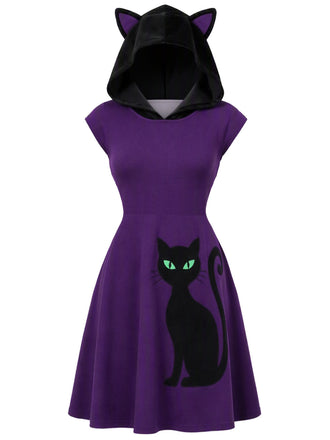 [Prévente] Robe violet profond à capuche avec oreilles de chat noir années 1960