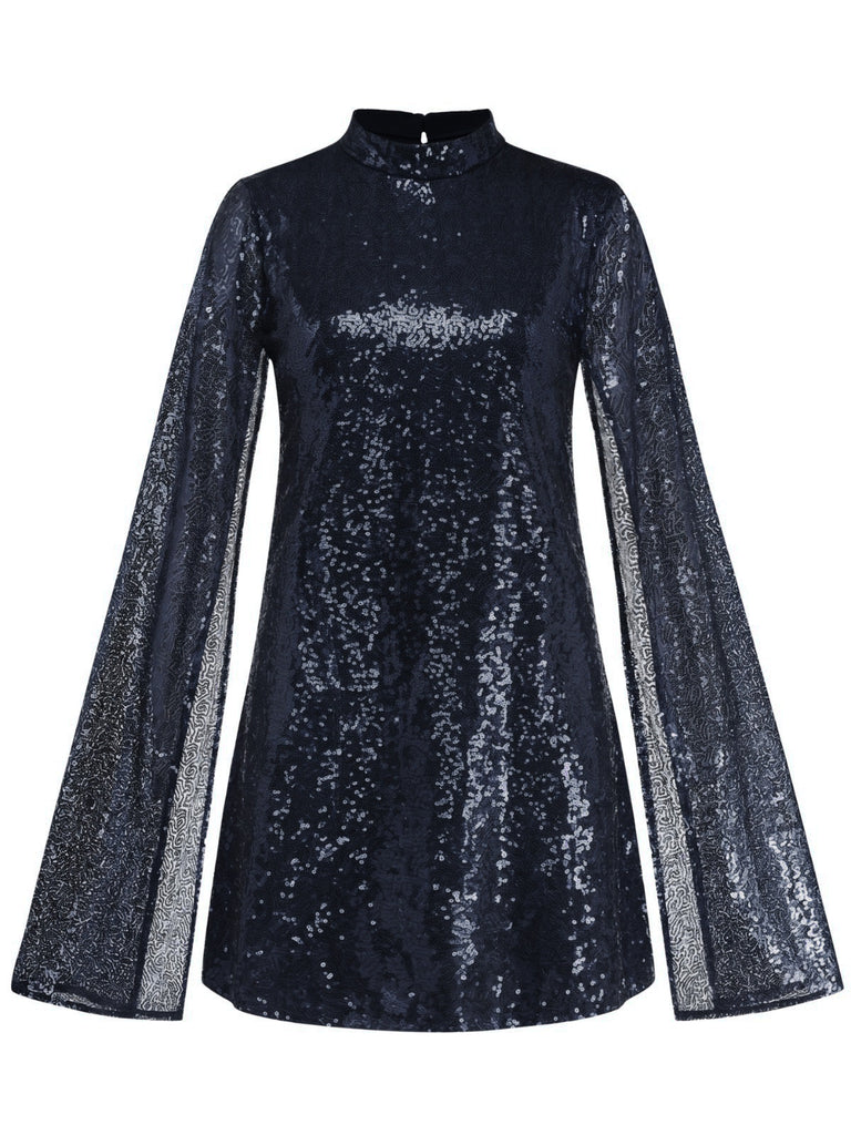 Robe à sequins, col montant, fente et manches évasées années 1930