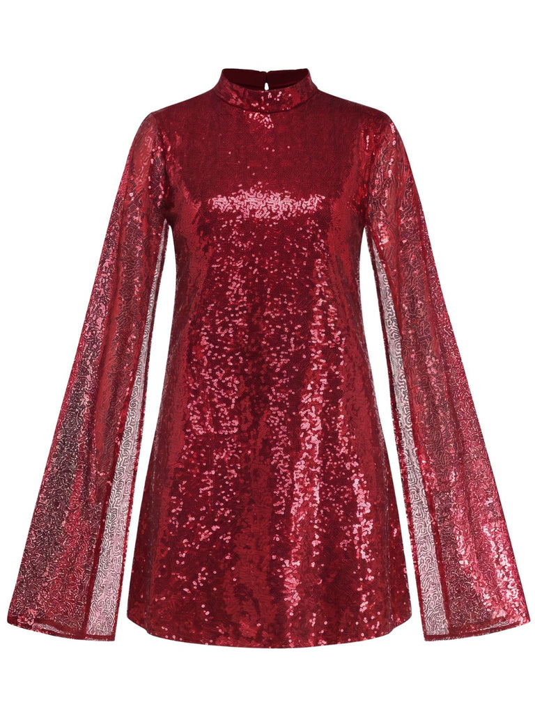 Robe à sequins, col montant, fente et manches évasées années 1930