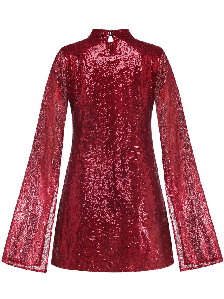 Robe à sequins, col montant, fente et manches évasées années 1930