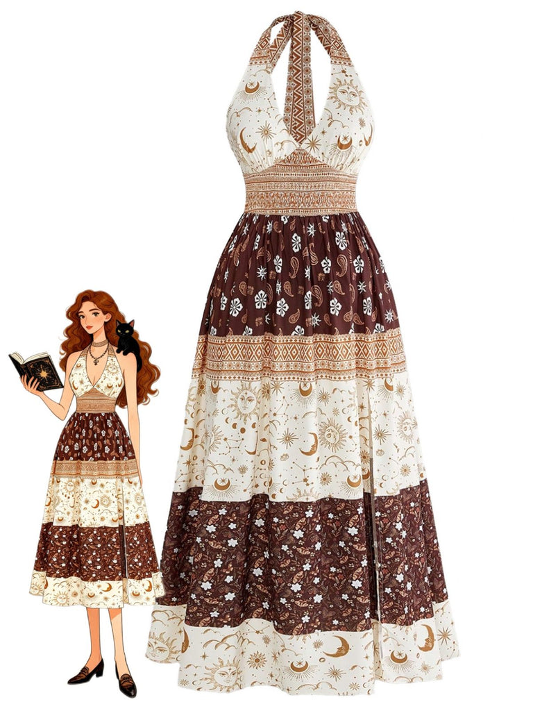 Robe bohème marron à imprimé floral, étoiles et lune, dos nu Halter et smocks années 1970