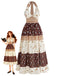 Robe bohème marron à imprimé floral, étoiles et lune, dos nu Halter et smocks années 1970