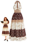 Robe dos-nu marron bohème motifs fleurs étoiles et lunes et détails smockés années 70