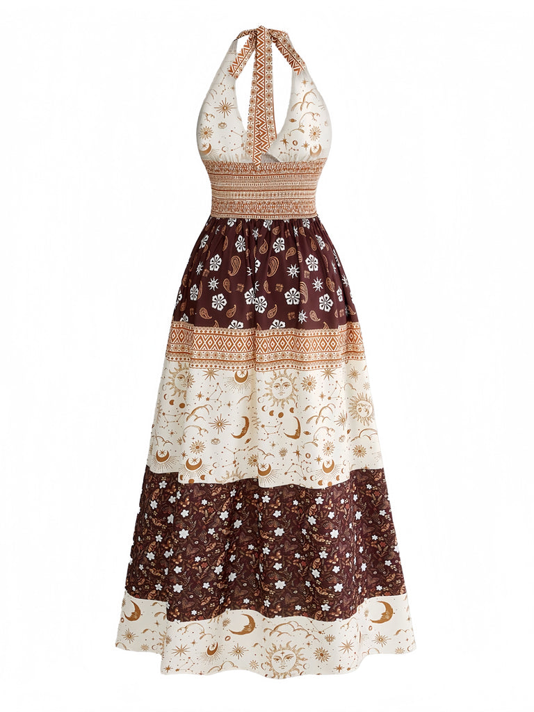 Robe bohème marron à imprimé floral, étoiles et lune, dos nu Halter et smocks années 1970
