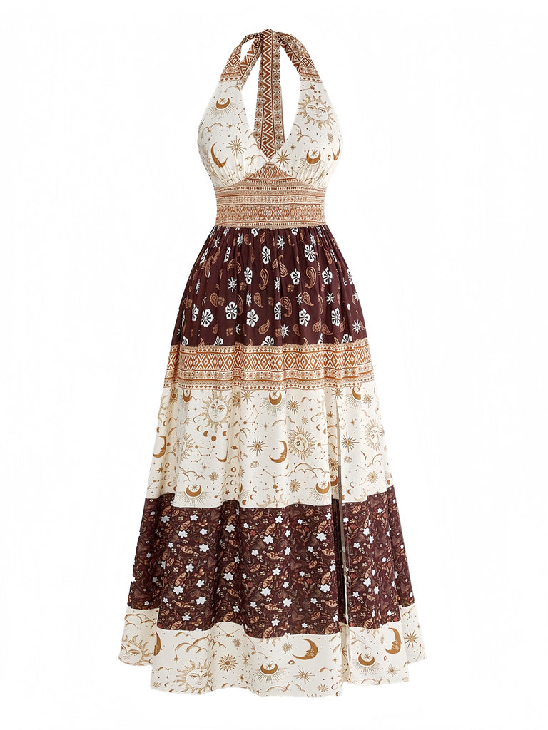 Robe bohème marron à imprimé floral, étoiles et lune, dos nu Halter et smocks années 1970