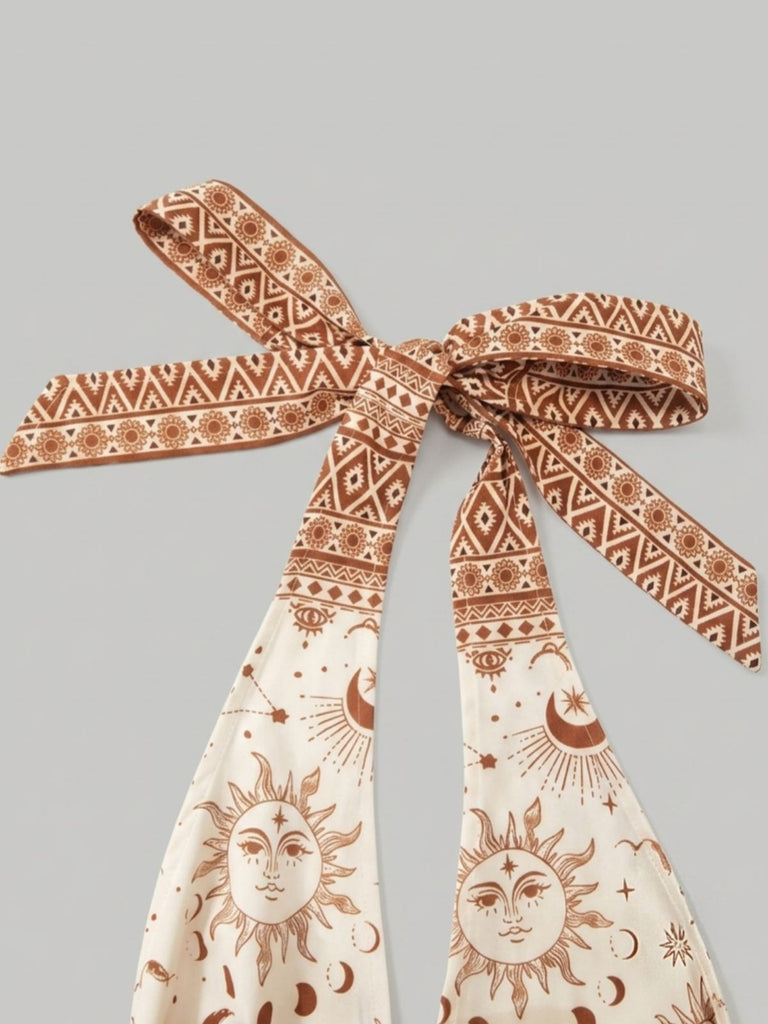 Robe bohème marron à imprimé floral, étoiles et lune, dos nu Halter et smocks années 1970