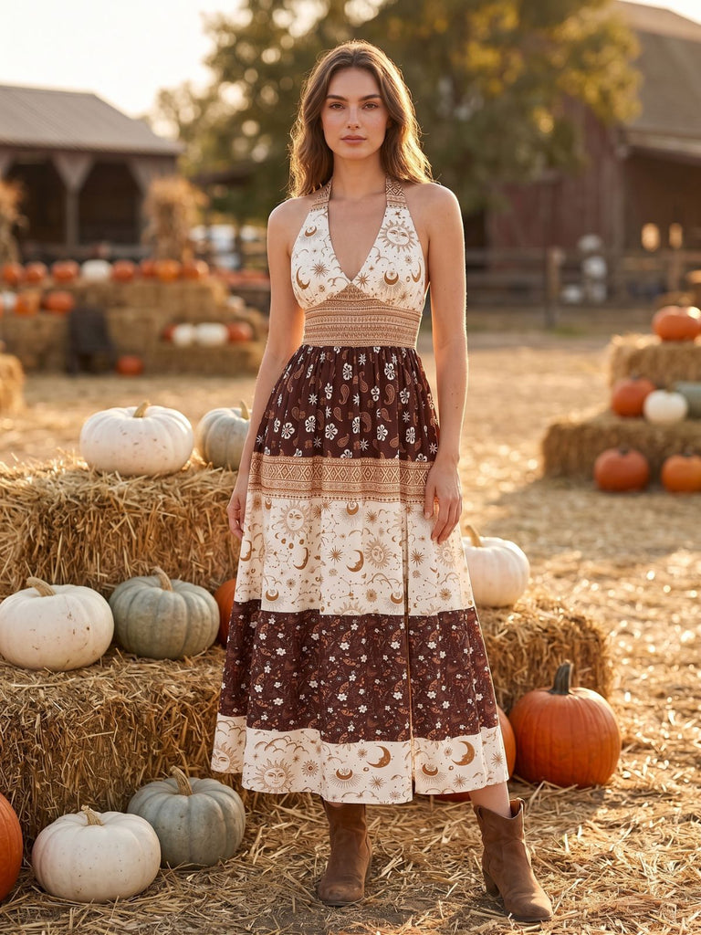 Robe bohème marron à imprimé floral, étoiles et lune, dos nu Halter et smocks années 1970
