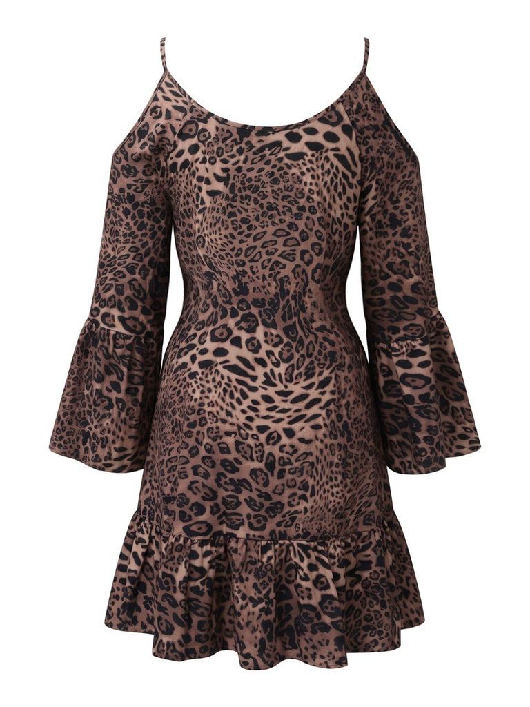 [Grande Taille] Robe courte café à motif cachemire et épaules découvertes années 1970