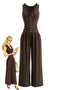Combinaison marron sans manches col V et jambes larges années 70