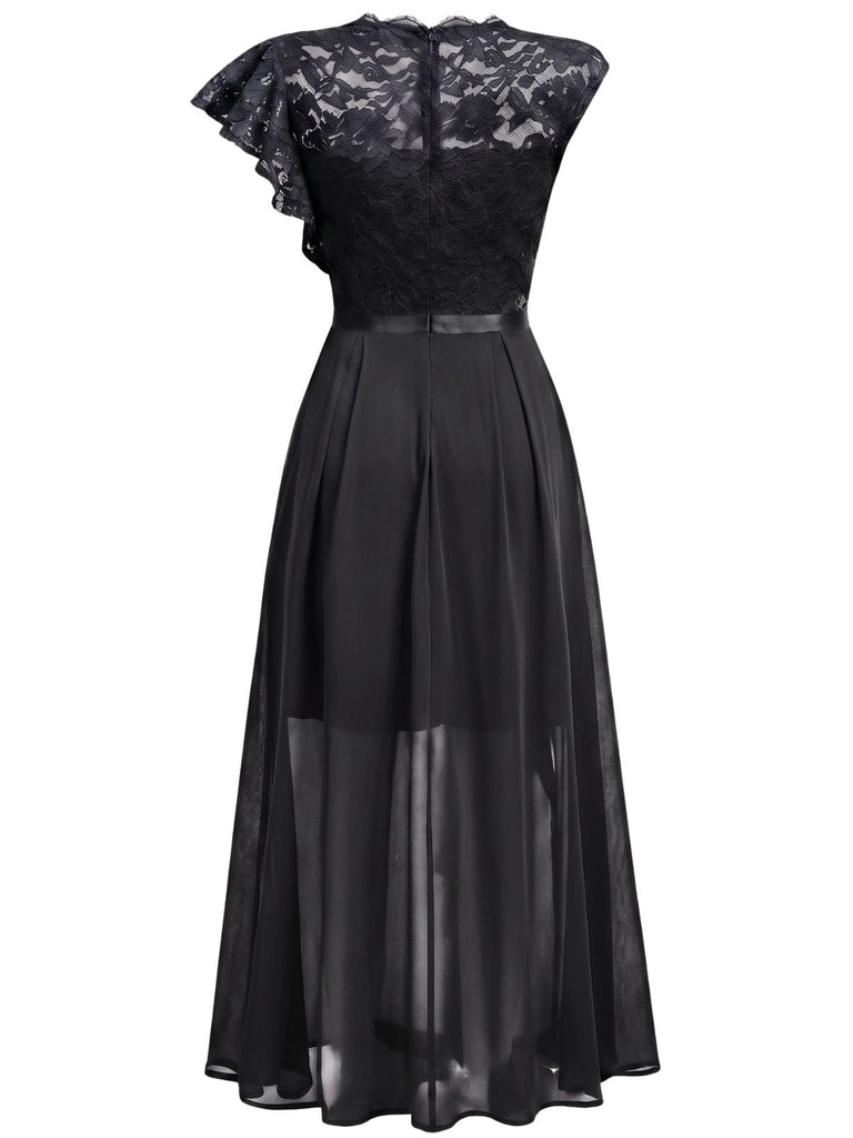 Robe longue de soirée asymétrique en dentelle à fleurs et volants années 1930