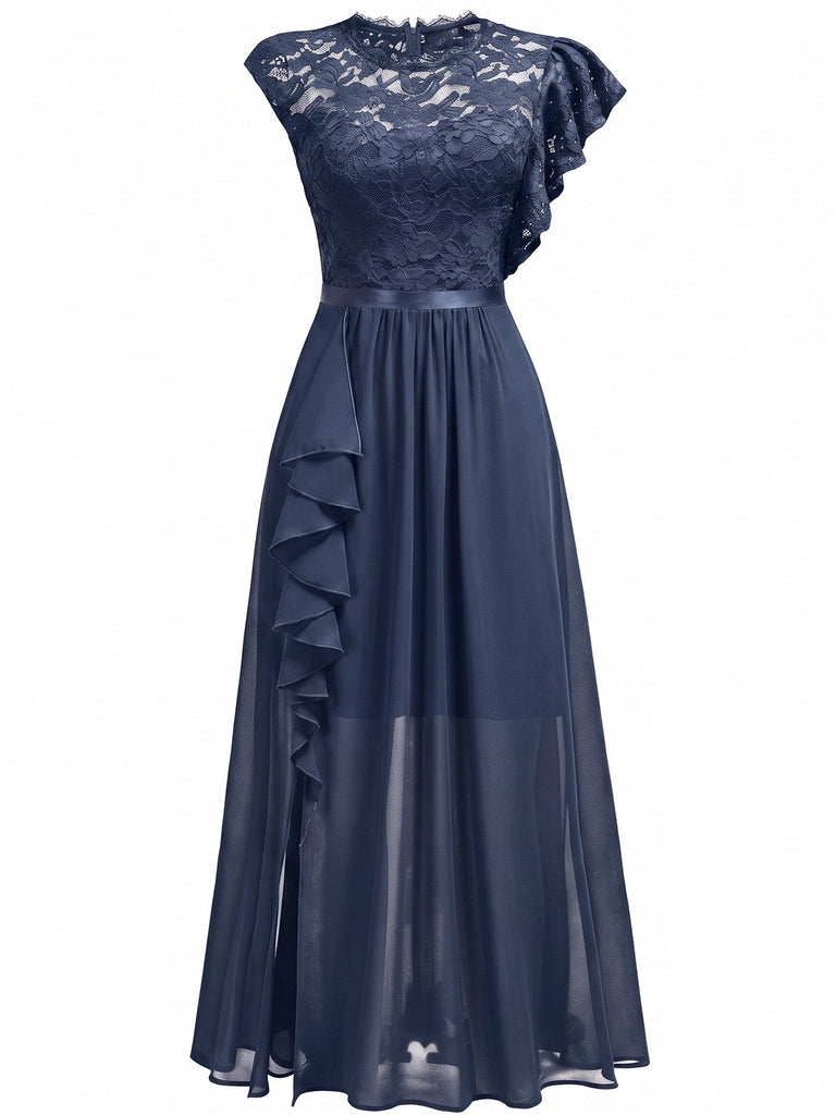 Robe longue de soirée asymétrique en dentelle à fleurs et volants années 1930