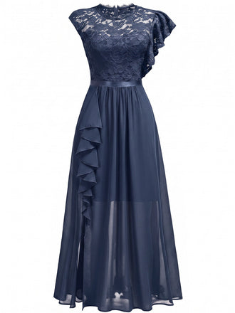 Robe longue de soirée asymétrique en dentelle à fleurs et volants années 1930