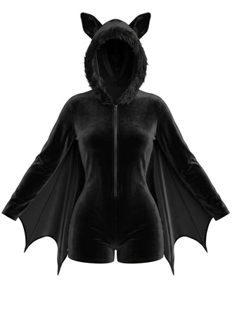 Combishort noir d’Halloween en velours à ailes de chauve-souris et capuche années 1960