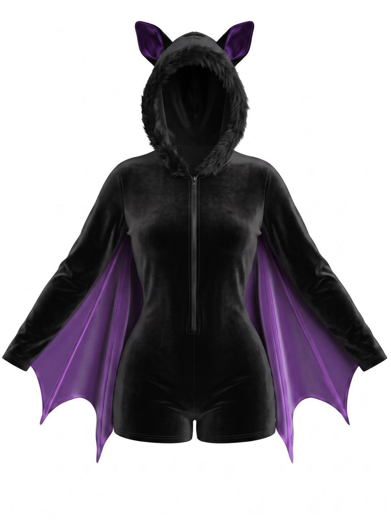 Combishort noir d’Halloween ailes de chauve-souris en Velours à Capuche années 1960