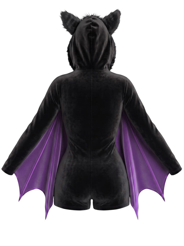 Combishort noir d’Halloween ailes de chauve-souris en Velours à Capuche années 1960
