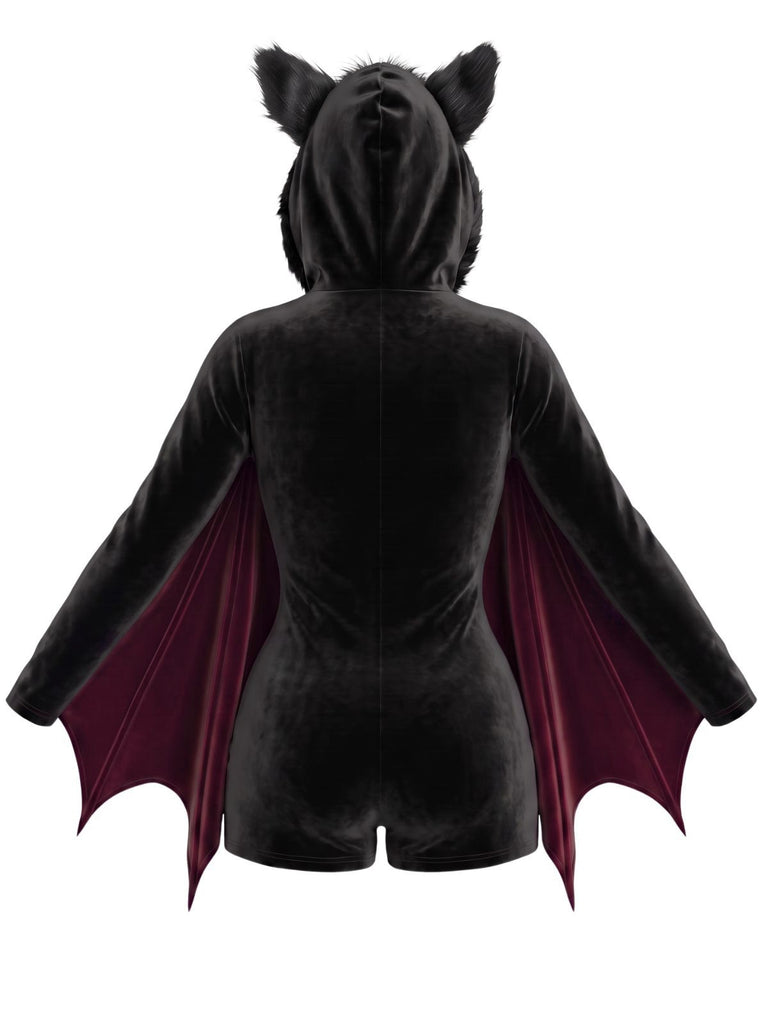 Combishort noir d’Halloween ailes de chauve-souris en Velours à Capuche années 1960