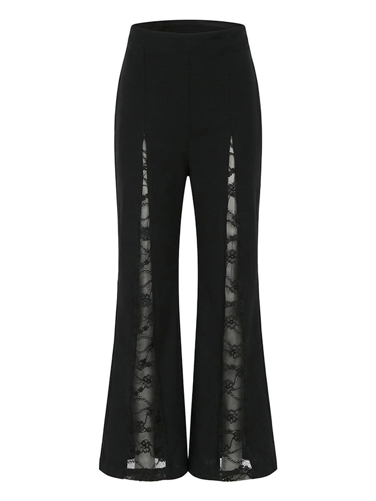Pantalon évasé noir taille haute à empiècements de dentelle florale années 1950