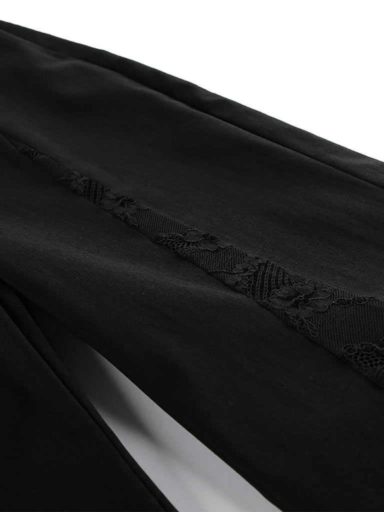 Pantalon évasé noir taille haute à empiècements de dentelle florale années 1950