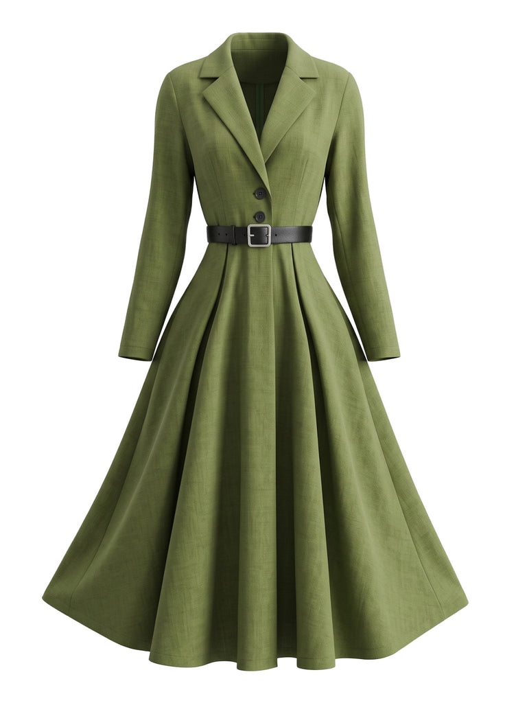 Robe vert olive à revers, manches longues et ceinture années 1950