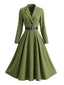 Robe vert olive manches longues col revers et ceinture années 50